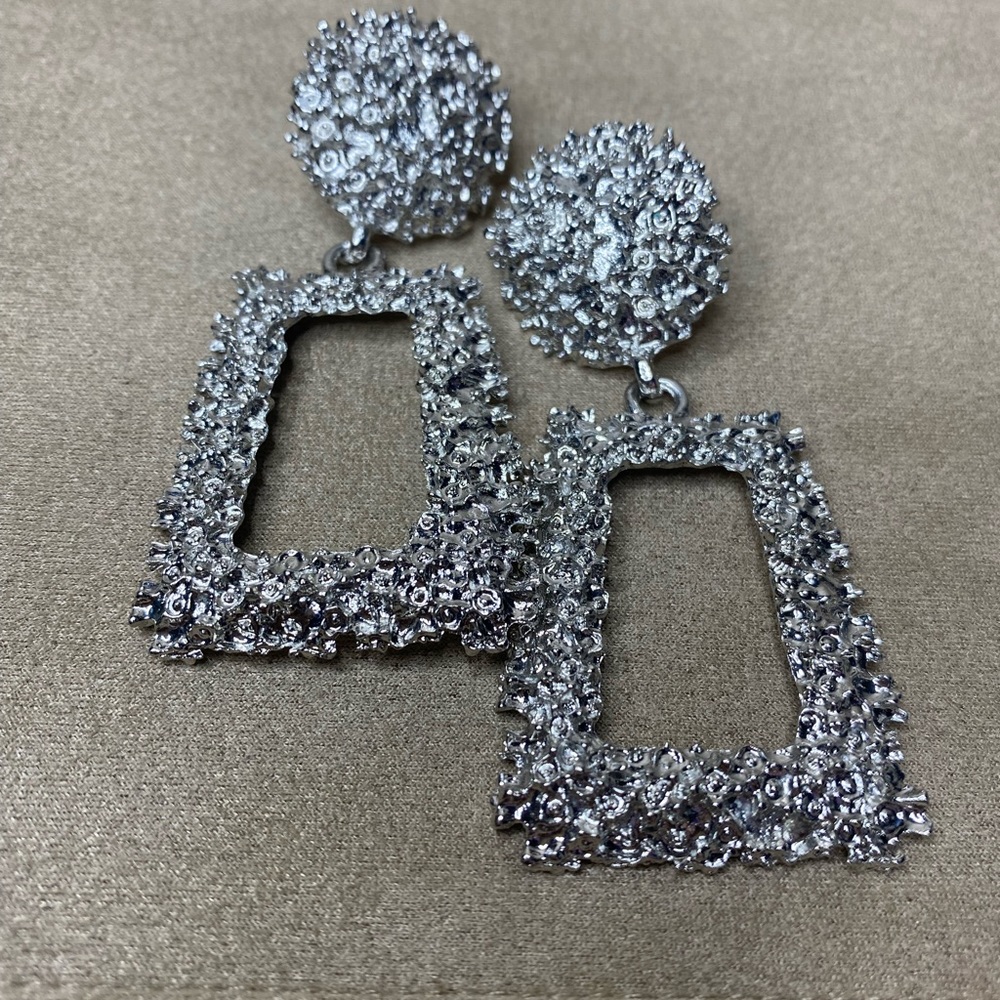 Silver Statement Drop Large Metal Rectangle Geometric Dangle Earrings